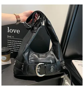 Retro vintage buckle leather shoulder bag women large capacity cool style hobo tote bag