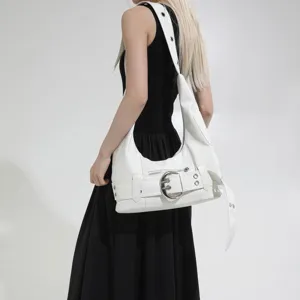 Chic white motorcycle shoulder bag for women, stylish vintage underarm bag large capacity.