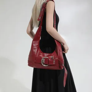 Red leather hobo shoulder bag for women, trendy motorcycle style purse with metal ring buckle.