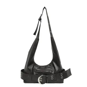Retro vintage hobo shoulder bag for women, cool motorcycle style leather tote bag with buckle.