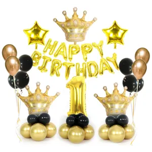 Set di palloncini di compleanno con corona dorata di lusso e numero 1 per decorazioni festa.