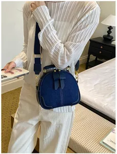 Γυναικεία τσάντα χιαστί denim σε κορεάτικο στιλ, vintage στρογγυλή τσάντα με φαρδύ λουρί.