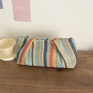 Summer beach vacation straw woven clutch bag colorful rainbow dumpling pouch for women