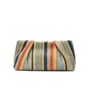 Colorful straw woven clutch bag for women, trendy summer beach vacation rainbow dumpling purse.