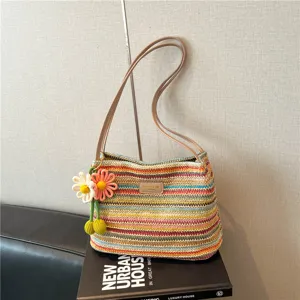 Dames Geweven Stro Schoudertas Casual Gestreepte Strand Shopper Met Bloemenhanger Zomer Vakantie Handtas