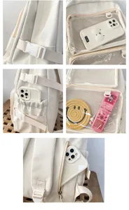 Japanese transparent Ita backpack detail view showing multiple pockets, buckles and clear window.