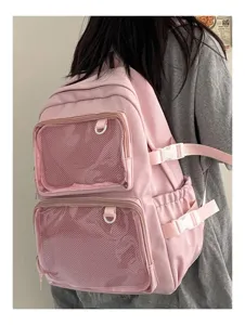 Pink transparent ita backpack for women, cute school bookbag with mesh front pockets and straps.