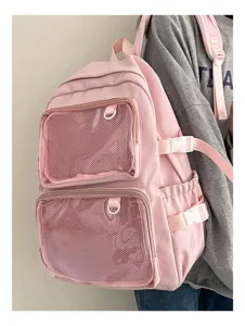 Pink ita backpack with clear mesh pockets, cute Japanese style daily school bag for students.
