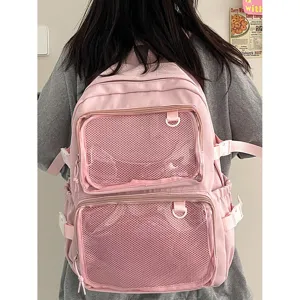 Japanese style pink ita backpack women's cute transparent mesh double pocket school bag