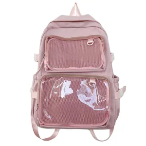 Japanese style pink ita backpack with transparent front pocket school bag for teen girls