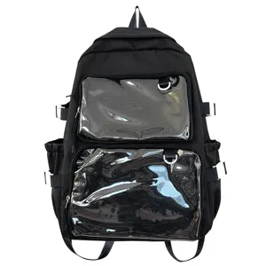 Black Japanese style ita backpack with clear front pockets and D rings for pins and badges