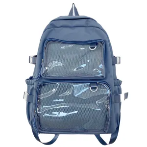 Blue Japanese style ita backpack with clear PVC dual pockets casual student school bag