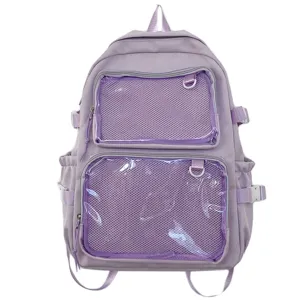 Purple ita backpack with clear window, cute student school bag and daily casual daypack.