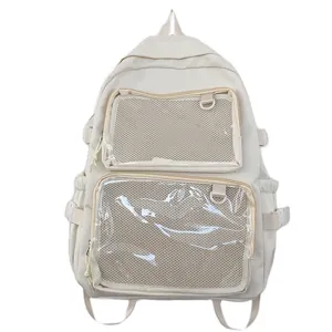 Beige Japanese Style Ita Backpack with Clear Mesh Pockets Casual Student School Bag Variant