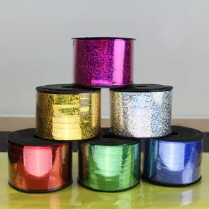 Colorful holographic ribbon spools for balloon tying, wedding decoration, and gift wrapping.