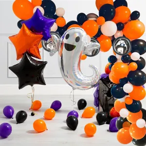 Halloween Ballonbogen Set mit orange schwarzen lila Latex und Geister Folienballons.