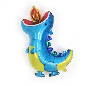 Blue dinosaur foil balloon spitting fire design for birthday party decoration and events.