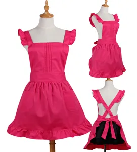 Pink ruffled kitchen apron with pockets and cross back straps, cute style cooking workwear.