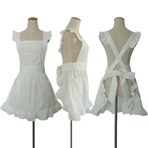 White Korean style ruffled apron detail view, perfect for cafe, nail salon and kitchen work.