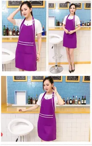 Stylish purple kitchen apron with white trim and pockets, perfect for cafe and bakery staff.