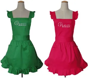Detailed view of cute Korean style apron with ruffles and pockets for beauty nail salon work.