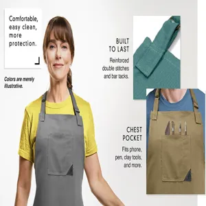 Vista detallada del delantal que muestra costuras reforzadas y un bolsillo en el pecho.