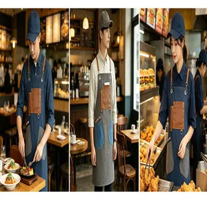 Retro canvas work apron with leather pockets, professional barista and kitchen tool chef apron.