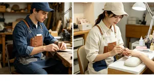 Retro canvas work apron with leather straps and multiple pockets for barbers and baristas.
