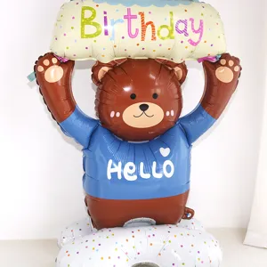 Large bear foil balloon with base for kids birthday party decoration and welcome display props.