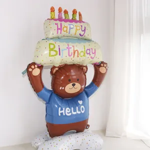 Large brown bear cake foil balloon detailed shot, perfect for kids birthday party decorations.