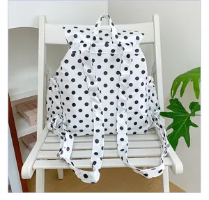 Stylish white polka dot canvas backpack casual women school bag daily travel daypack