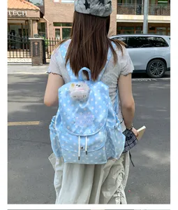 Details of stylish light blue polka dot backpack with plush bear charm and fine details.