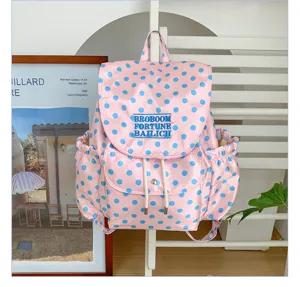 Pink blue polka dot backpack detail showing embroidery and pocket design for summer casual.