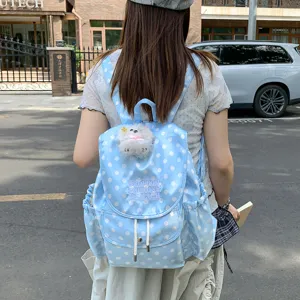 Chic blue polka dot backpack with cute plush puppy pendant stylish casual daily school bag