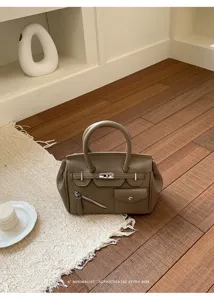 Korean niche design grey Birkin handbag, premium leather shoulder bag for daily commuting.