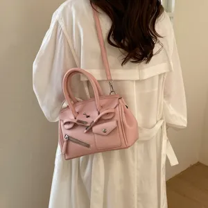 Pink leather women handbag stylish top handle shoulder crossbody bag with elegant flap design