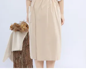 Japanese style linen apron, casual baking and floral painting workwear, beige detail view.