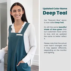 Close-up detail of the deep teal Japanese style cotton apron with handy pocket and straps.