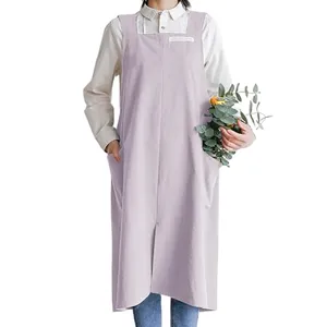 Literary style Japanese linen apron with pockets, comfortable home wear cover dress for daily use.