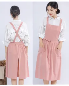 Japanese style cotton linen apron with cross back, pockets and waist tie for baking cooking.