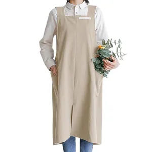 Japanese style cotton linen apron with pockets, long kitchen work pinafore for women.