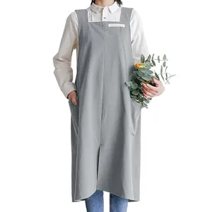 Japanese style minimalist cotton linen long apron in grey with pockets, floral shop uniform.