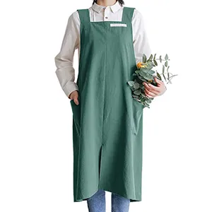 Japanese style cotton linen cross back apron long green kitchen florist work dress pinafore.