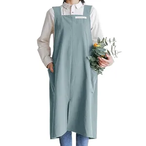 Japanese style literary cotton linen long apron for kitchen and flower shop workwear