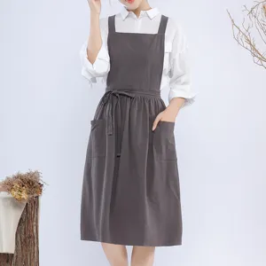 Japanese Style Cotton Linen Apron With Cross Back Pockets Adjustable Ties Baking Cooking Apron For Women