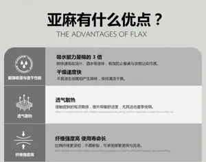 Pure linen napkin product features detail infographic showing absorption, breathability and durability.