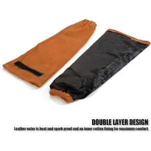 Leather welding sleeves double layer arm protection heat resistant spark proof for industrial work.