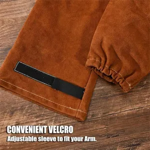 Leather welding sleeve detail view showing adjustable velcro strap and elastic cuff design.