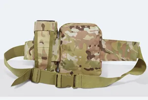 Close-up detail view of tactical waist bag with water bottle holder and durable buckle strap.
