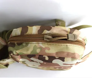 Close-up detail of tactical camo waist bag zipper and durable fabric, ideal for outdoor.